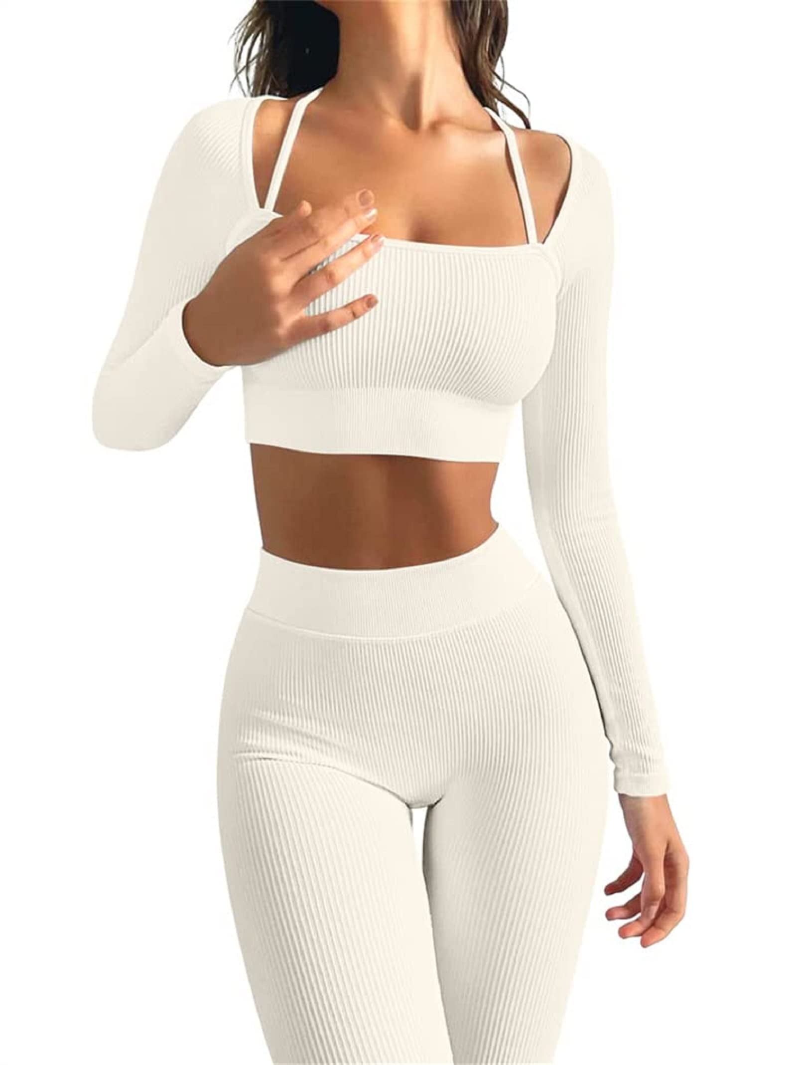 Women 2 Piece Workout Outfits Ribbed Long Sleeve Crop Top High