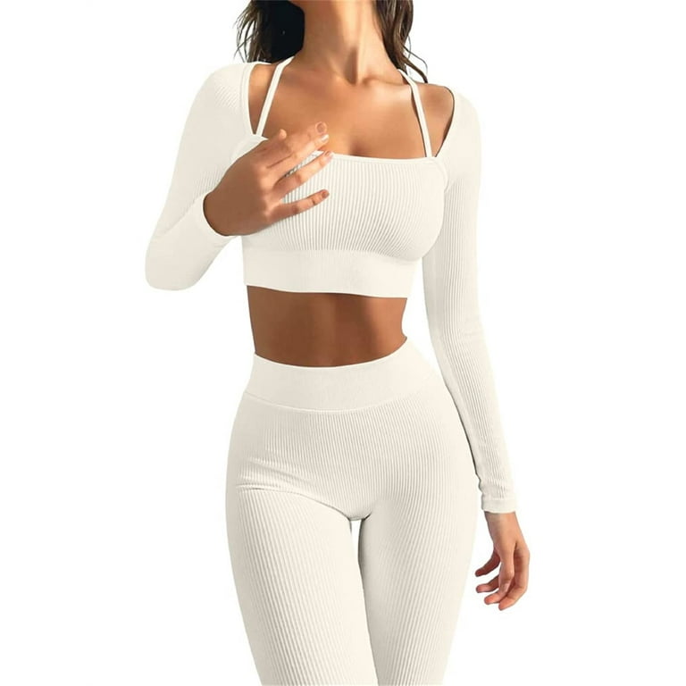 Women 2 Piece Workout Outfits Ribbed Long Sleeve Crop Top High Waist Yoga  Leggings Gym Sets Tracksuits 