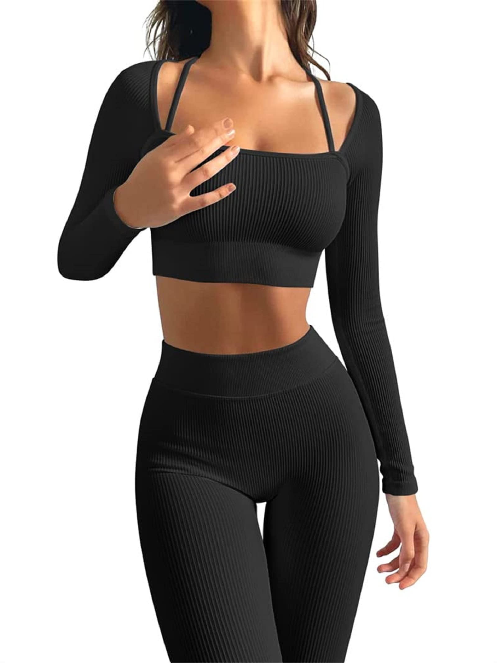 lanema Workout Outfits for Women 2 Piece Knit One Shoulder Sport Bras Crop  Top with High Waist Leggings Workout Sets