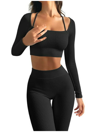 RYRJJ Workout Outfits for Women 2 Piece Ribbed Exercise Long Sleeve Slim  Crop Tops Tummy Control High Waist Leggings Active Yoga Set(Black,L)