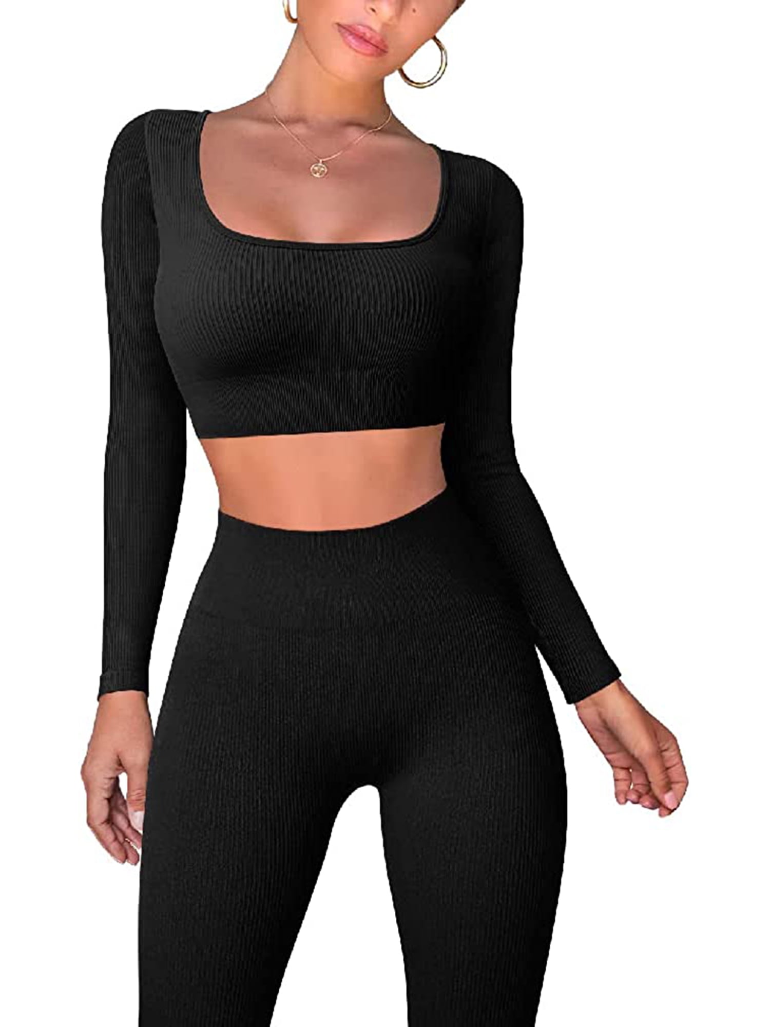 Women 2 Piece Workout Outfits Seamless Ribbed Long Sleeve Square