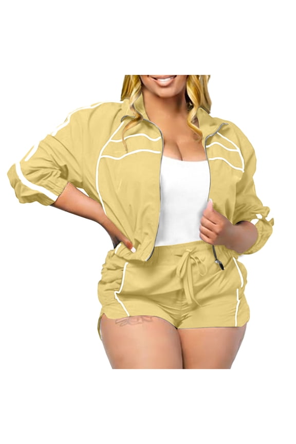 Women 2 Piece Workout Set Cropped Zip Jacket Jogger Shorts Gym Lounge Tracksuit Windbreaker Summer Casual Matching Outfit