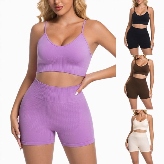 Women 2 Piece Workout Sets Compression Tummy Control Leggings with Pockets Halter Built in Bra Tank Tops,Compression(Purple,XL)