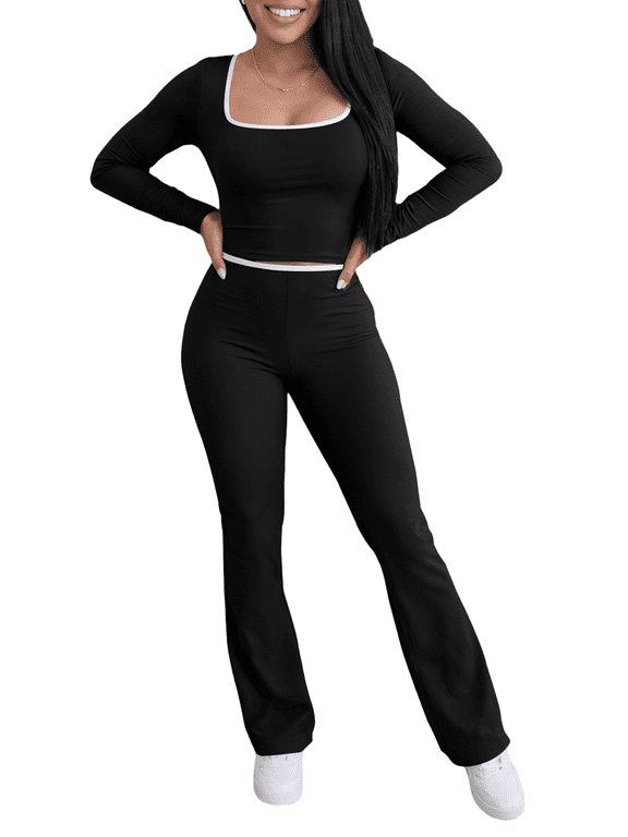 Women 2 Piece Workout Sets Contrast White Piping Square Neck Long Sleeve Crop Tops High Waist Flare Leggings Casual Gym Pilates Yoga Loungewear Outfit Set Black Black S
