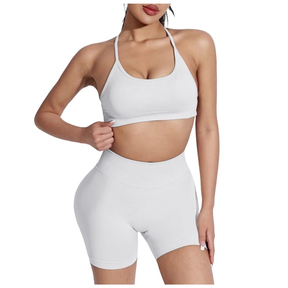 Women 2 Piece Workout Sets Hidden Scrunch Hip Lifting Seamless Leggings Long Sleeve Yoga Crop Tops Sports Bra Gym Clothes Sets Sports Bra Gym Clothes Sets (S,Light Gray)