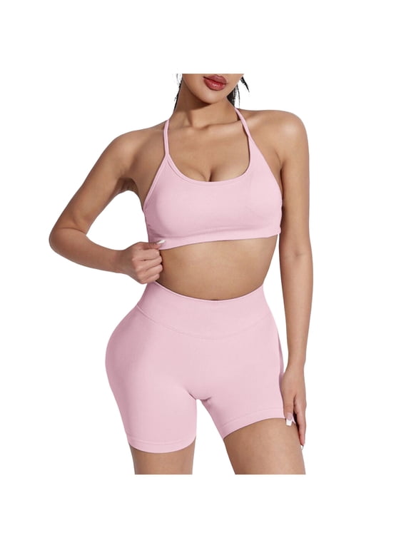 Women 2 Piece Workout Sets Hidden Scrunch Hip Lifting Seamless Leggings Long Sleeve Yoga Crop Tops Sports Bra Gym Clothes Sets Sports Bra Gym Clothes Sets (XL,Pink)