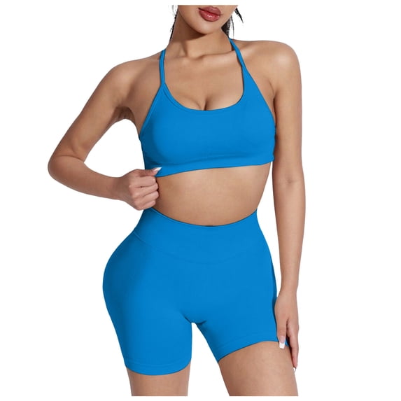 Women 2 Piece Workout Sets Hidden Scrunch Hip Lifting Seamless Leggings Long Sleeve Yoga Crop Tops Sports Bra Gym Clothes Sets Sports Bra Gym Clothes Sets (XS,Blue)
