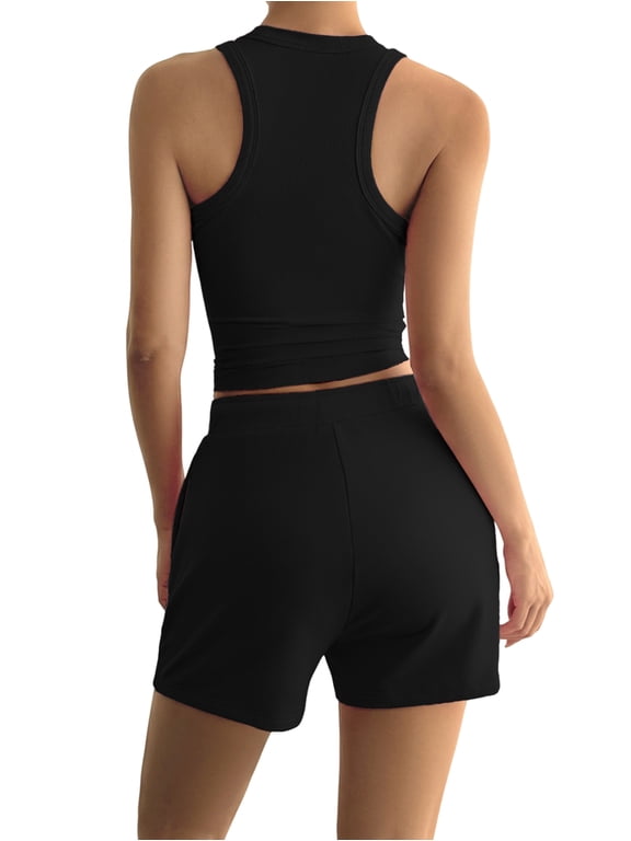 Women 2 Piece Workout Sets High Waisted Tummy Control Biker Shorts Halter Ribbed Tank Tops