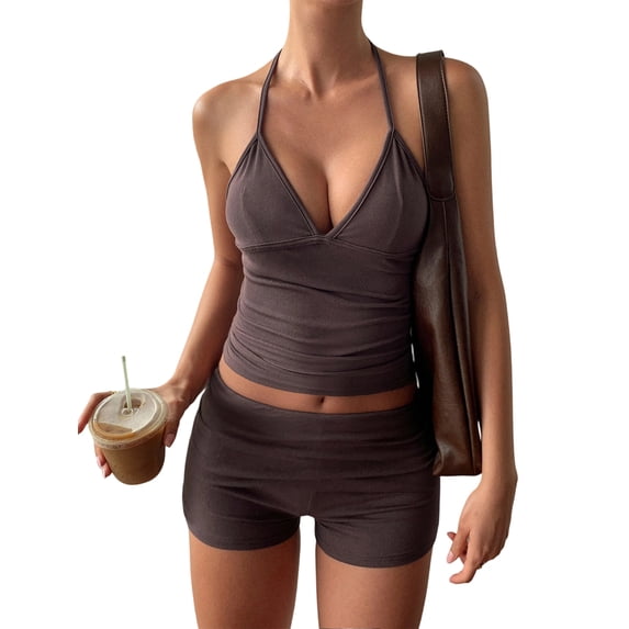 Women 2 Piece Workout Sets Seamless Ribbed Crop Tank High Waist Shorts Yoga Outfits Brown L