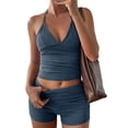 thumbnail image 1 of Women 2 Piece Workout Sets Seamless Ribbed Crop Tank High Waist Shorts Yoga Outfits Denim Blue S, 1 of 7