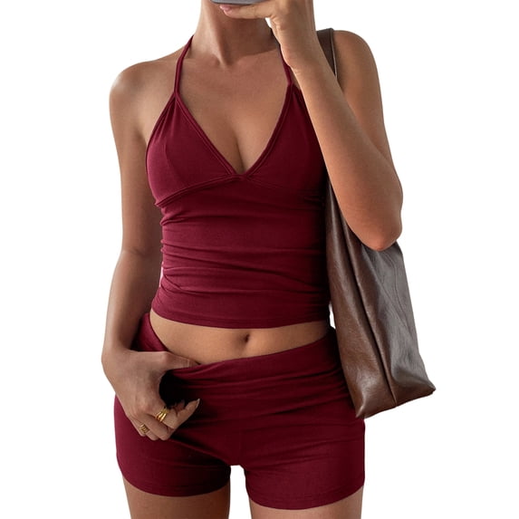 Women 2 Piece Workout Sets Seamless Ribbed Crop Tank High Waist Shorts Yoga Outfits Wine Red S