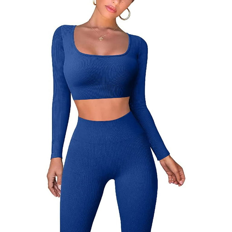 Women 2 Piece Yoga Workout Outfits Ribbed Crop Top High Waist Gym Leggings  Yoga Pants Tracksuit Exercise Set