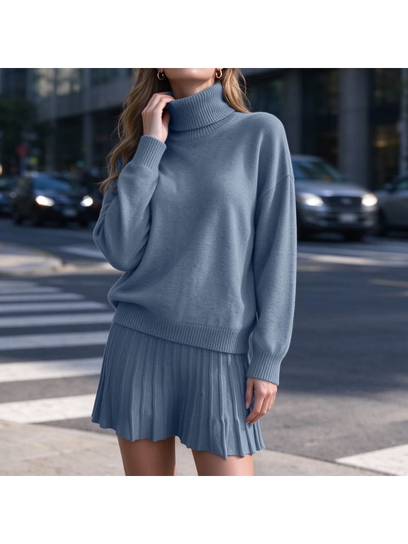 Women 2 Pieces Fall Outfits Sets Oversized Turtleneck Sweaters & Pleated Skirts Casula Warm Winter Clothings (Blue XL)
