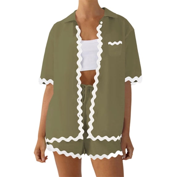 Women 2 Pieces Sets Waved Button-Down Pajamas Set