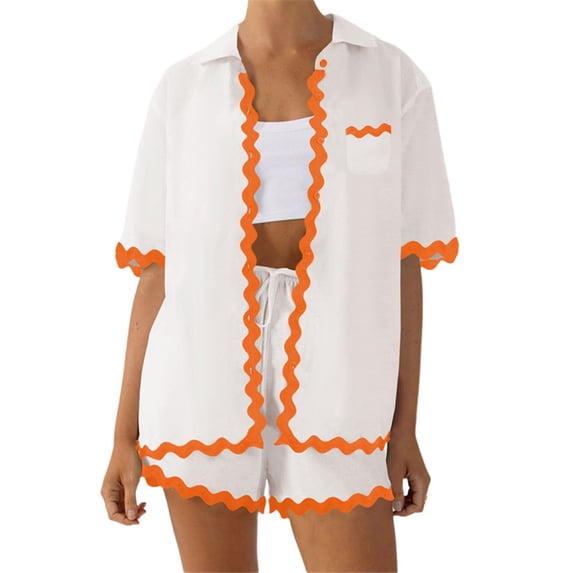 Women 2 Pieces Sets Waved Button-Down Pajamas Set