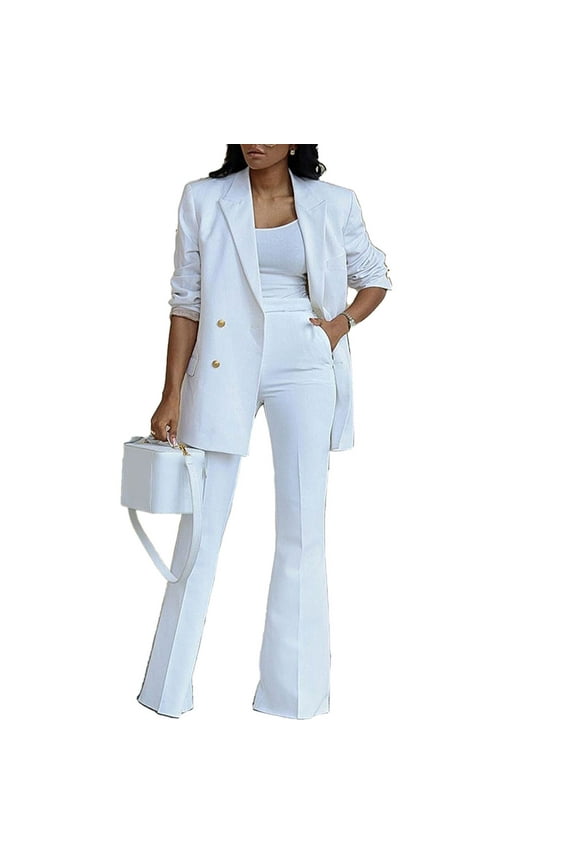 Women 2 Pieces Suit Plain Color Wide Leg Trousers Turn Down Collar 2 Pieces Long Pants Suit for Female White L
