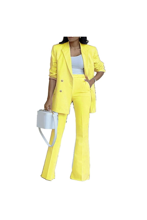 Women 2 Pieces Suit Plain Color Wide Leg Trousers Turn Down Collar 2 Pieces Long Pants Suit for Female Yellow XL