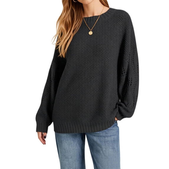 Women 2-Way Wear Crew Neck Hollow Cable Knit Oversized Long Sleeve Off Shoulder Pullover Sweater Black L