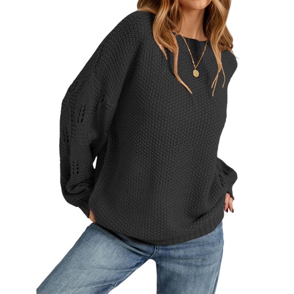 Women 2-Way Wear Crew Neck Hollow Cable Knit Oversized Long Sleeve Off Shoulder Pullover Sweater Black S