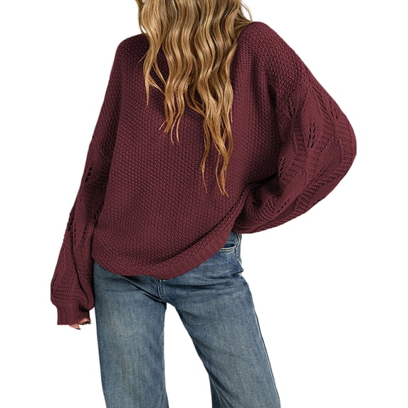 Women 2-Way Wear Crew Neck Hollow Cable Knit Oversized Long Sleeve Off Shoulder Pullover Sweater Chestnut Red M