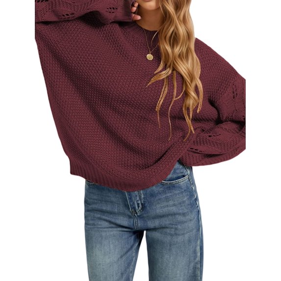 Women 2-Way Wear Crew Neck Hollow Cable Knit Oversized Long Sleeve Off Shoulder Pullover Sweater Chestnut Red M