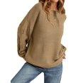 thumbnail image 1 of Women 2-Way Wear Crew Neck Hollow Cable Knit Oversized Long Sleeve Off Shoulder Pullover Sweater Khaki L, 1 of 10