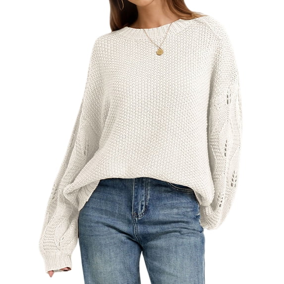 Women 2-Way Wear Crew Neck Hollow Cable Knit Oversized Long Sleeve Off Shoulder Pullover Sweater Light Color M