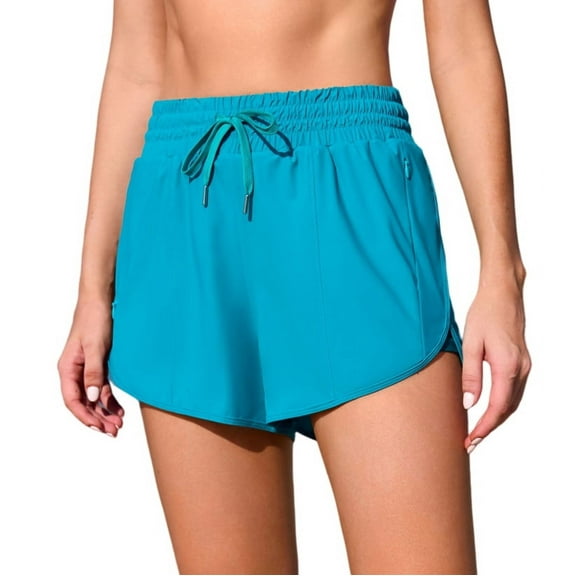 Women 2-in-1 Board Shorts Elastic Drawstring Bathing Suit Trunks High Waisted Split Bikini Tankini Bottoms with Two Pockets