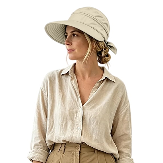Women 2‑in‑1 Detachable Zipper Sun Hat UV Protection Wide Brim Bow Tie‑Back Lightweight Packable Summer Outdoor Travel Beach Sun‑Shade Head‑Accessory