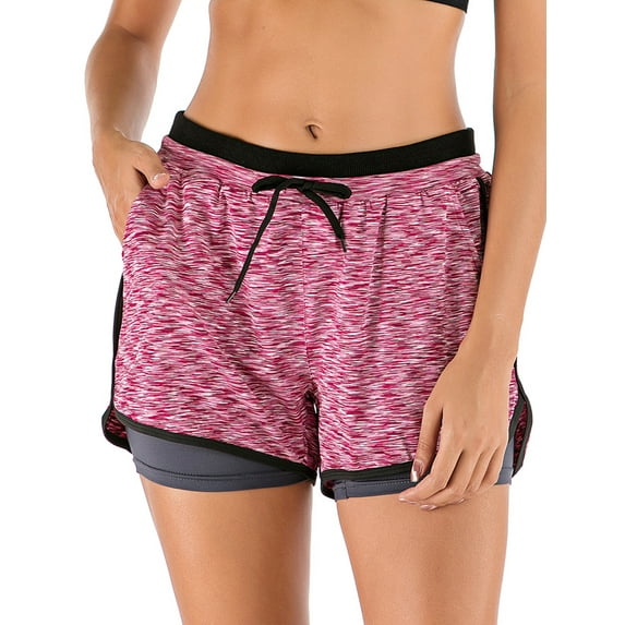 Women 2 in 1 Fitness Running Shorts Athletic Yoga Sport Shorts Elastic Waistband With Pockets