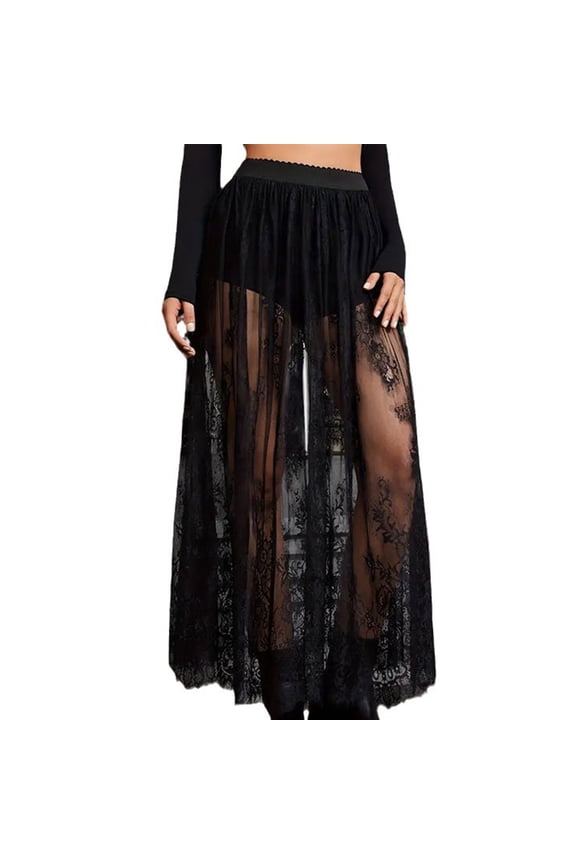 Women 2 in1 Flowys Meshes Lace Maxi Skirts A Line Long Skirt with Shorts Bottom Festival Raves Clothes Halloween Costume