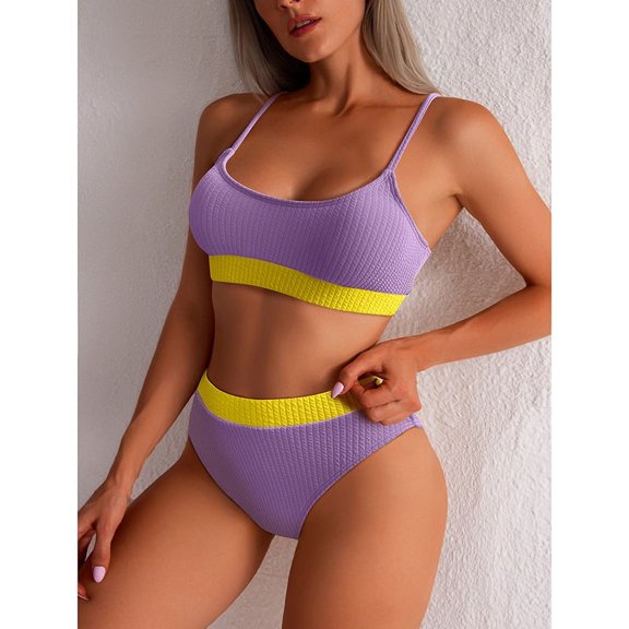 Women 2 piece bikini stripped ribbed bright color purple with yellow strips adjustable straps