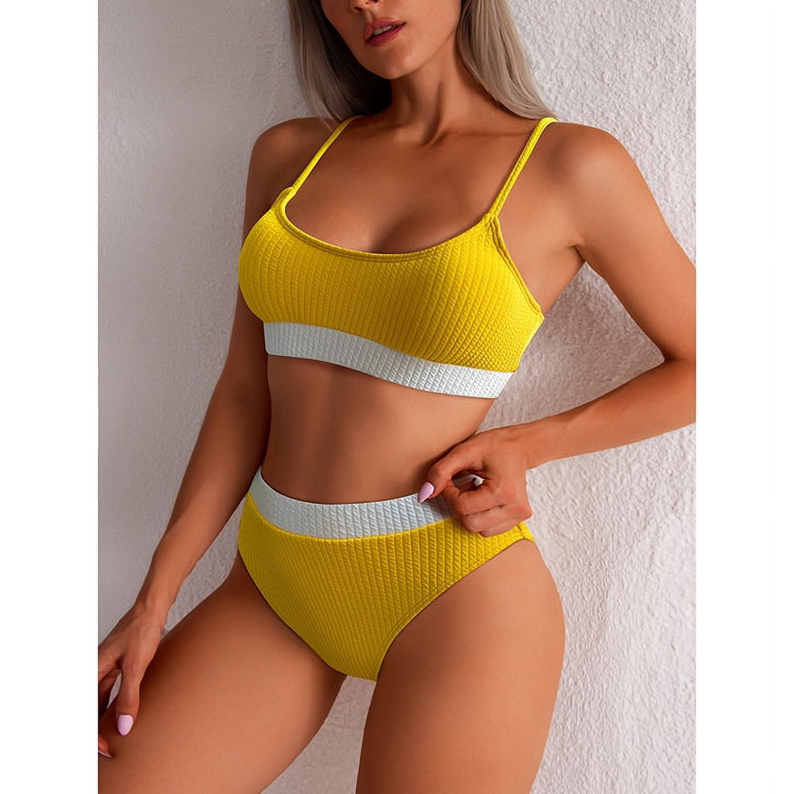 Women 2 piece bikini stripped ribbed bright color yellow with