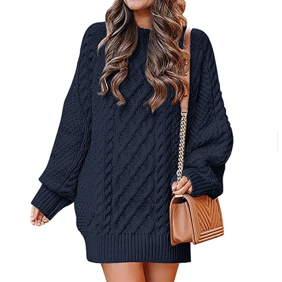 Women 2023 Fall Crewneck Long Sleeve Oversized Cable Knit Chunky Pullover Short Sweater Dresses