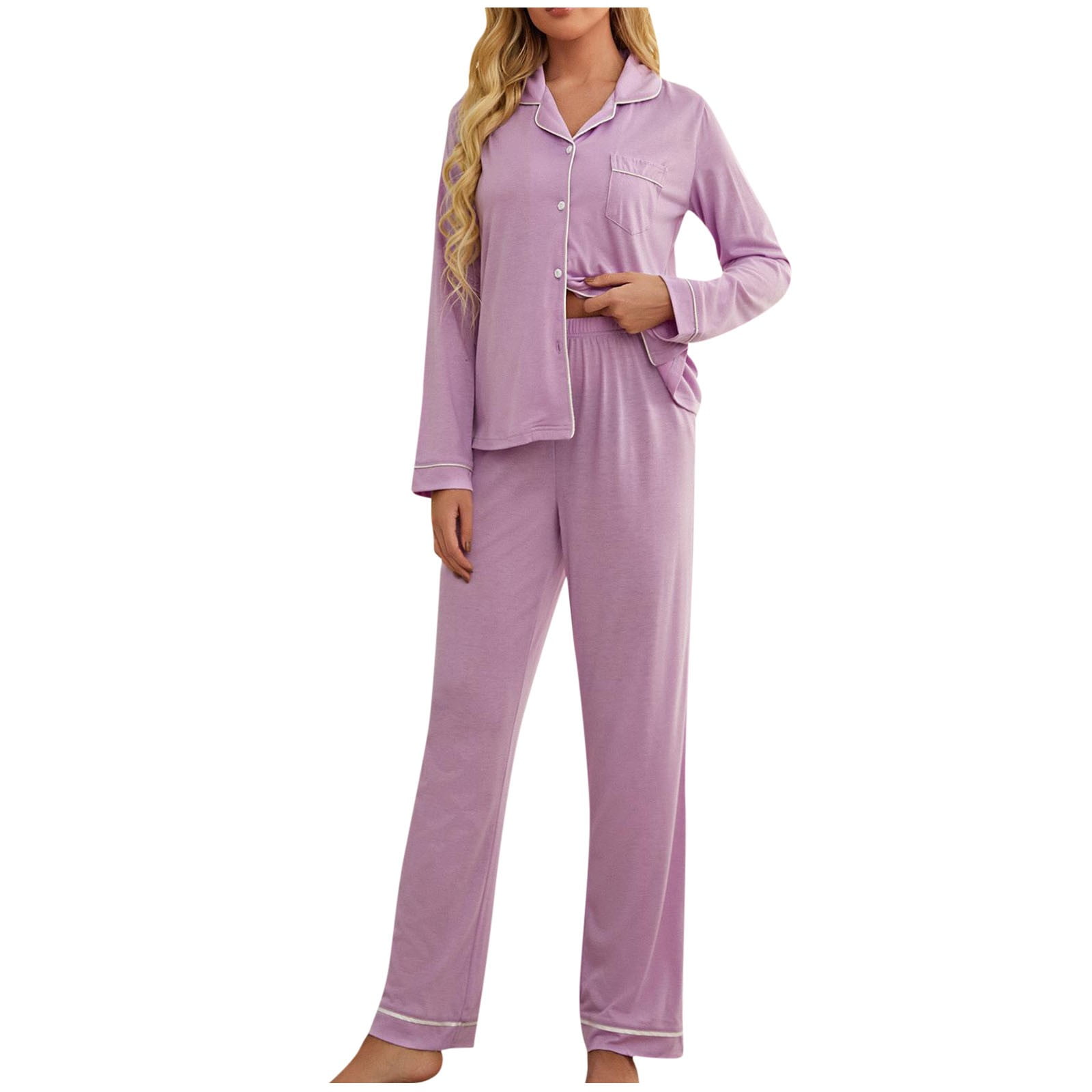 Women 2023 Fall Winter Pajama Set 2 Piece Comfy Long Sleeve Top Pants Sets  Button Down Soft Loungewear Pjs Outfits 