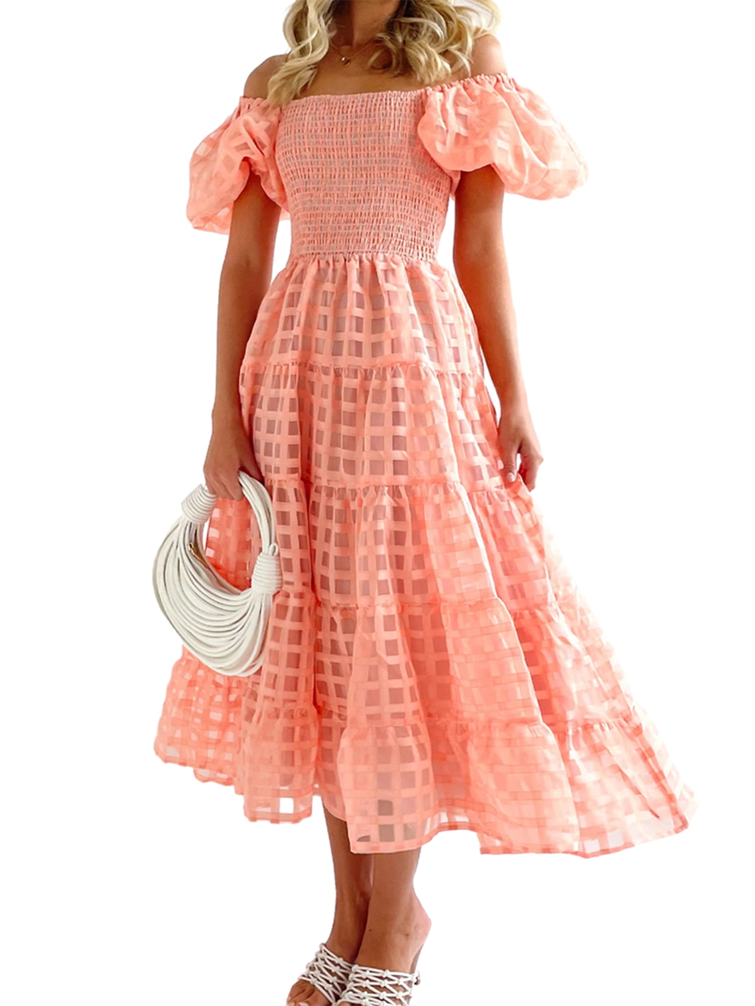 Women 2023 Off Shoulder Summer Midi Dress Puffy Short Sleeve Square ...