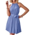 thumbnail image 1 of Women 2023 Summer Casual Halter Neck A-Line Dress Sleeveless Belted Swing Pleated Cocktail Party Beach Mini Dresses, 1 of 5