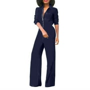 Women 2024 Summer Clearance Jumpsuit Loose V Neck Solid Jumpsuits Wide Leg Jumpsuit Casual Straight Trousers Business Romper formal Bodysuit Long Sleeve Zipper Suspender Jumpsuit Wyongtao