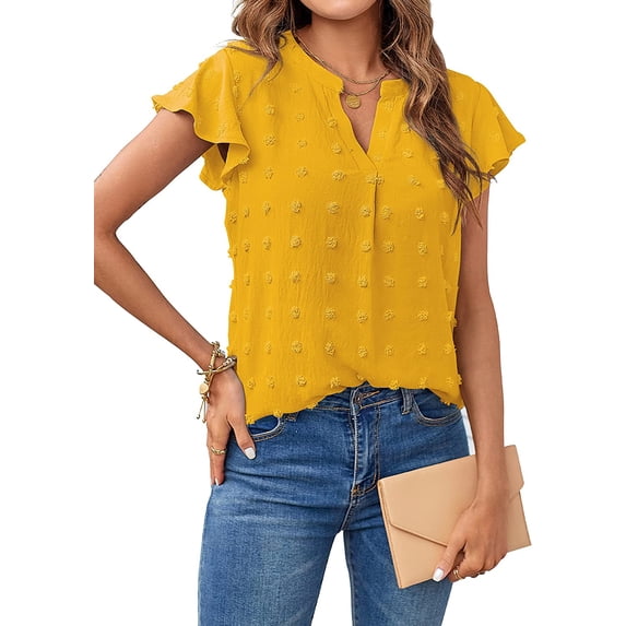 Women 2023 Summer V Neck Ruffle Short Sleeve Blouse Swiss Dot Flowy Shirt Tunic Top