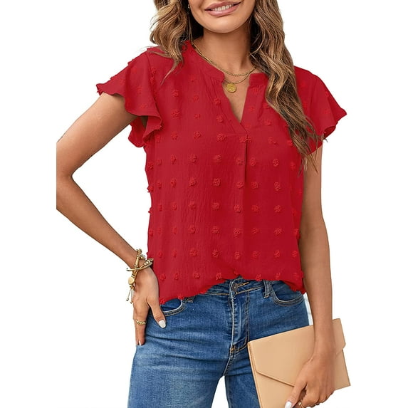 Women 2023 Summer V Neck Ruffle Short Sleeve Blouse Swiss Dot Flowy Shirt Tunic Top