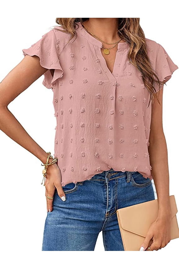 Women 2023 Summer V Neck Ruffle Short Sleeve Blouse Swiss Dot Flowy Shirt Tunic Top