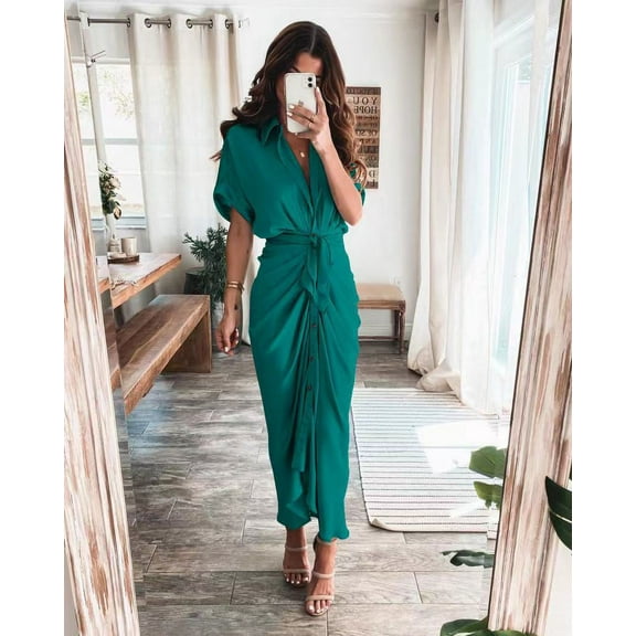 ZANKLEY Women Button Down Ruched Shirt Dresses Short Sleeve Lapel V Neck Elegant Party Spring Summer Dress Party Wedding Guest