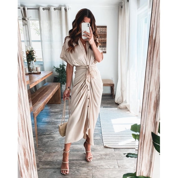 ZANKLEY Women Button Down Ruched Shirt Dresses Short Sleeve Lapel V Neck Elegant Party Spring Summer Dress Party Wedding Guest