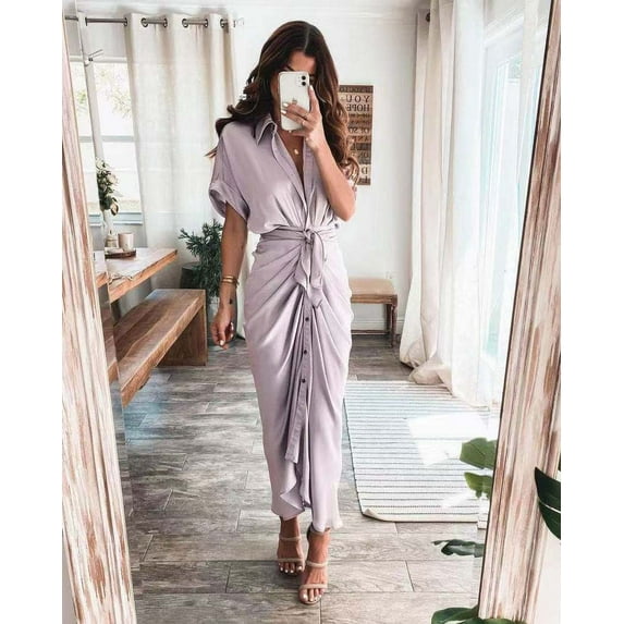 Women 2024 Button Down Ruched Shirt Dresses Short Sleeve Lapel V Neck Elegant Party Spring Summer Maxi Satin Dress