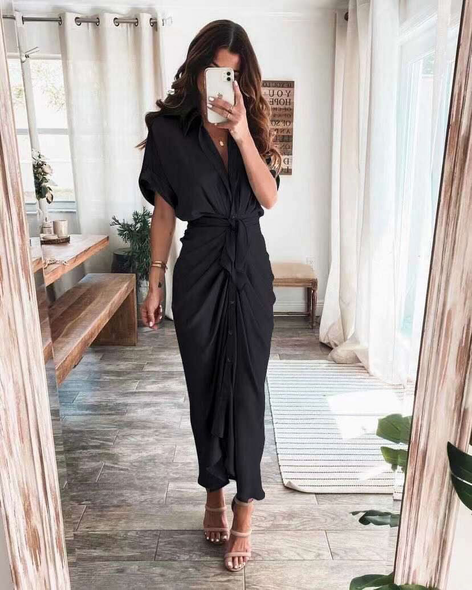 Women 2024 Button Down Ruched Shirt Dresses Short Sleeve Lapel V Neck Elegant Party Spring Summer Maxi Satin Dress Walmart