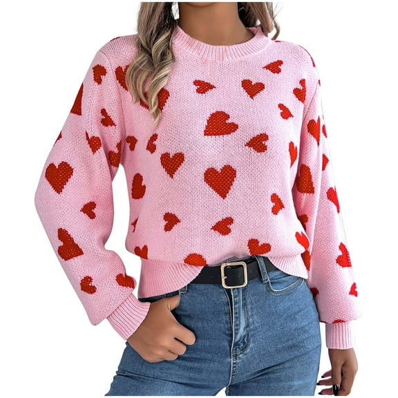Women 2024 Fall Sweater Hearts Printed Crew Neck Long Sleeve Lightweight Knit Pullover Sweater Tops Casual Loose Fit Blouse