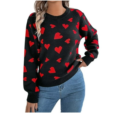 Women 2024 Fall Sweater Hearts Printed Crew Neck Long Sleeve Lightweight Knit Pullover Sweater Tops Casual Loose Fit Blouse