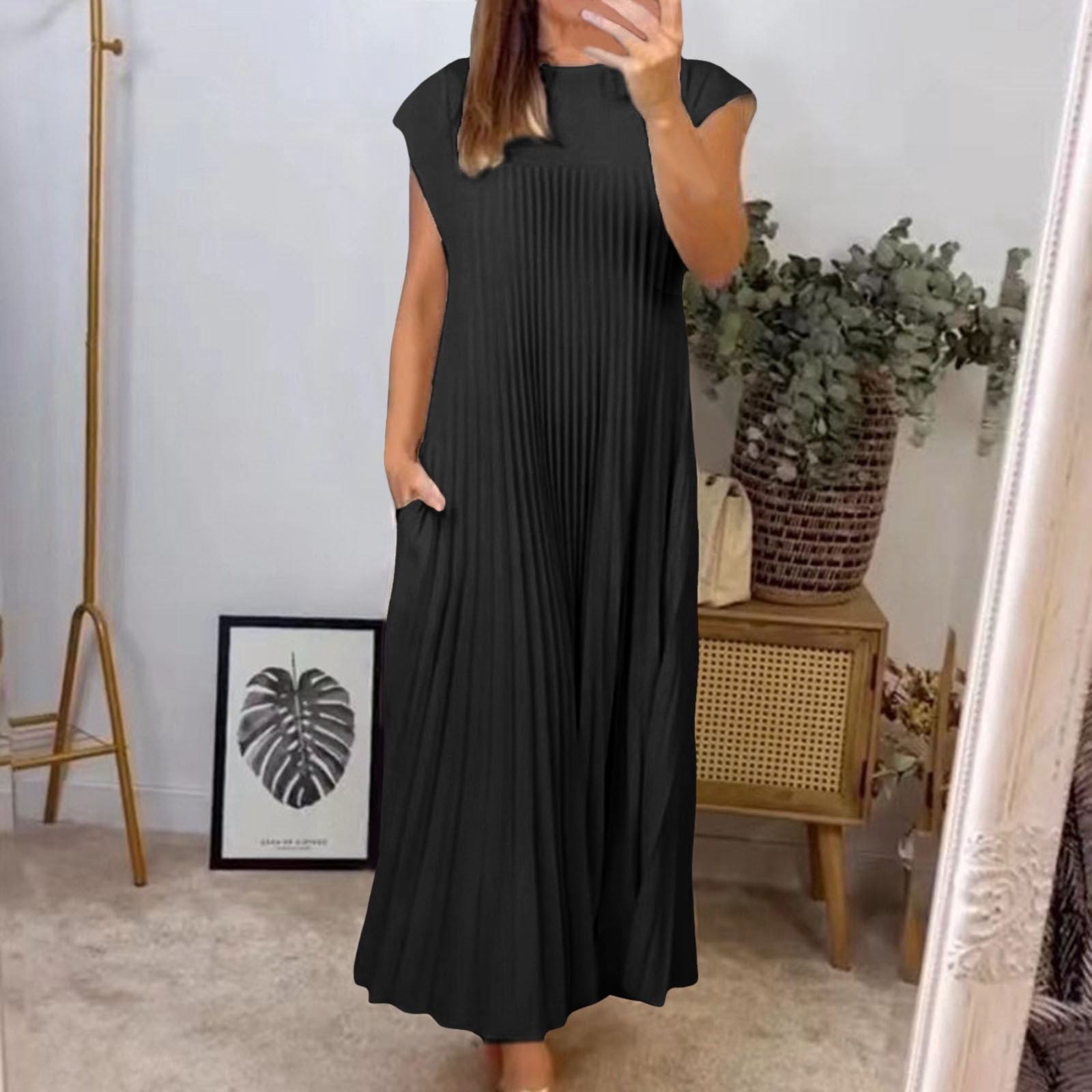 Women 2024 Fashion Casual Spring And Autumn Round Neck Sleeveless Pleated Dress Women's Long Casual Dresses Drawstring Dresses for Women Vintage Dress for Women Athletic Dress for Women Womens Long