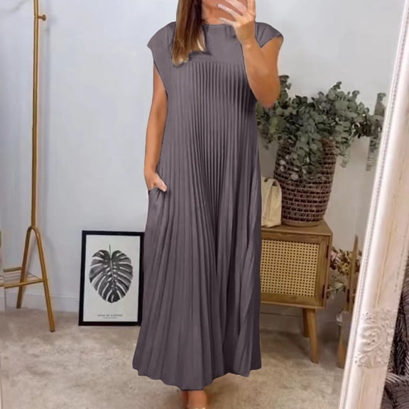 Women 2024 Fashion Casual Spring And Autumn Round Neck Sleeveless Pleated Dress Women's Long Casual Dresses Drawstring Dresses for Women Vintage Dress for Women Athletic Dress for Women Womens Long