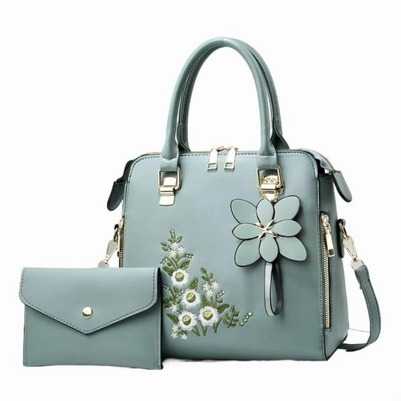 Women 2024 Soft Embroidery Flower Handbag Crossbody Shoulder Bag Top Handle Satchel Purse Tote Bag 2pcs Set